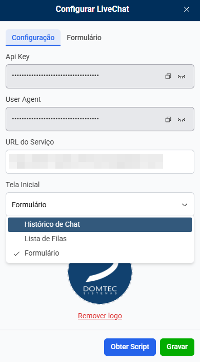 Modal de configuração técnica do Livechat