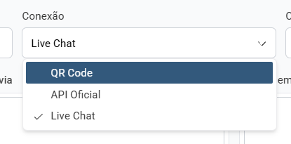 Interface de seleção de novo canal Livechat