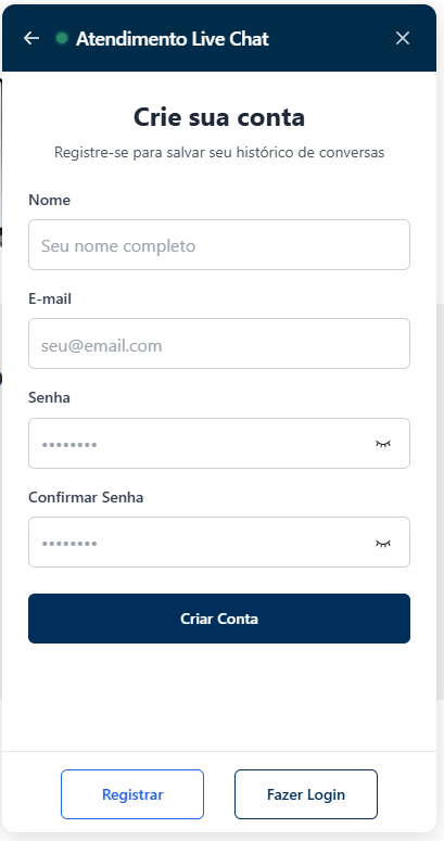 Tela de registro e login de usuário
